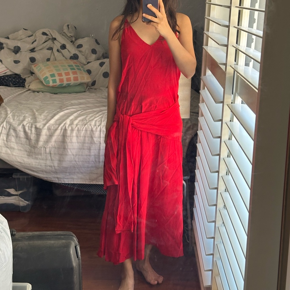 NWT COS Red Silk Asymmetrical V neck Midi Dress with side tie - Picture 5 of 5